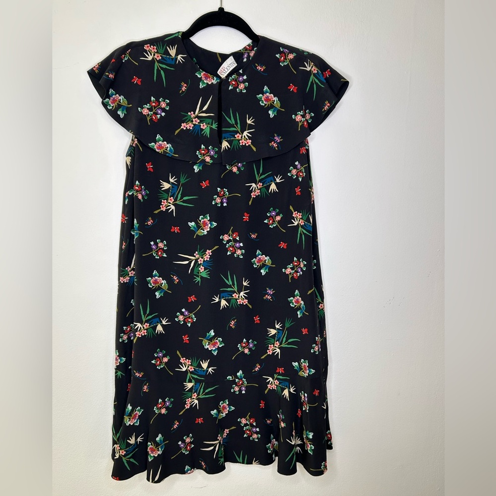 RED VALENTINO CAPE-SLEEVED Black Floral Bouquet Dress Silk Dress - Picture 4 of 10